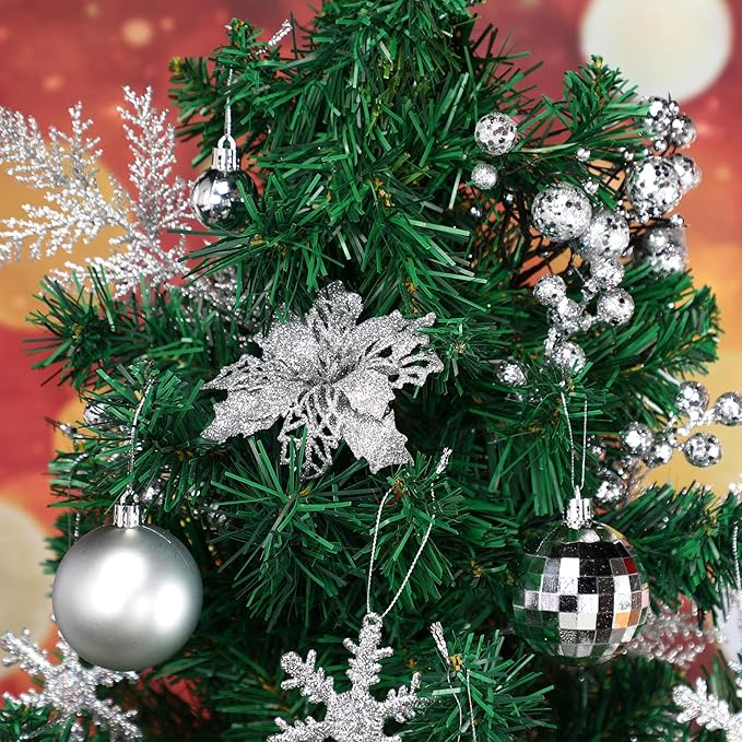 Sratte 94 Pcs Christmas Tree Decorations Set, Christmas Tree Ball Ornaments Glitter Poinsettia Flowers Decorations Glitter Berries Stems for Xmas Holiday Wedding(Silver)