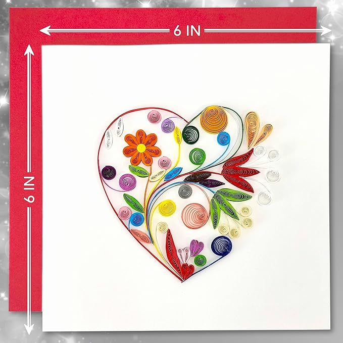 Quilled Cards - Heart Quilled Card for Women - Blank Inside Thank You or Happy Birthday Greeting Cards for Mom, Wife, Sister - 6x6 Handmade Paper Art Design with Envelope (Special Heart)