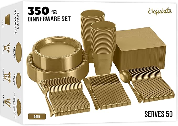 Party Solids 350 Pieces Gold Plastic Plates For Party, Gold Disposable Plates Set, 50 Of Each 9" Dinner Plate Set, 7" Dessert Plate, Cups, Napkins & Cutlery Plastic Dinnerware