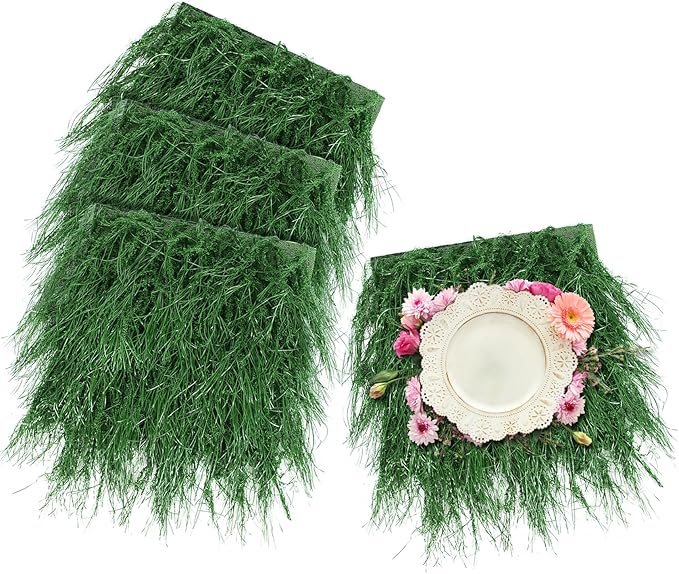 XLX TURF Faux Thatch Grass Placemats 4 Pack, 11"x11" Green Golf Themed Party Table Centerpiece Decor , Wild One Birthday, Indoor Outdoor Use
