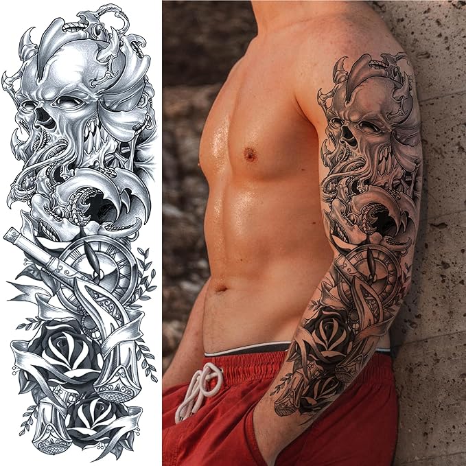 Pirate Skull Temporary Tattoo Sleeves for Men, 4-Sheet Full Arm Large Flower Skeleton Octopus Fake Tattoo Sleeve Adult Women and 4-Sheet Black 3D Anchor Clock Eye Half Temp Tatoo Sticker Leg Body Art