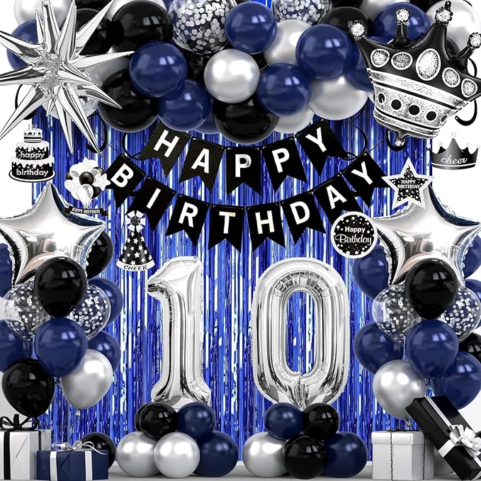 10th Birthday Decorations for Boys and Girls, Black Blue Silver Happy Birthday Number 10 Balloons, Banner, Fringe Curtains Garland Kit - 10 Year Old Party Supplies