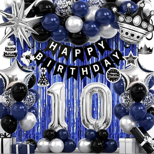 10th Birthday Decorations for Boys and Girls, Black Blue Silver Happy Birthday Number 10 Balloons, Banner, Fringe Curtains Garland Kit - 10 Year Old Party Supplies