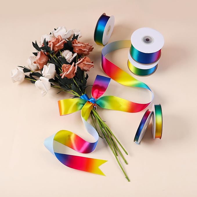 5/8 inch 25 Yards Rainbow Ribbon, Single Face Shiny Satin Roll, Ribbon for Gift Wrapping, Wedding Decor, Pride Birthday Party Decoration & DIY Crafts
