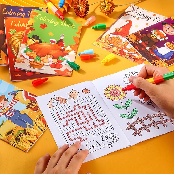 BenLouis 24 Fall Mini Coloring Books Kids with 24 Stacking Crayons Thanksgiving Theme Party Favors Activity Books Bulk for Kids Autumn Harvest Birthday Goodie Bag Gift Stuffer Classroom Reward
