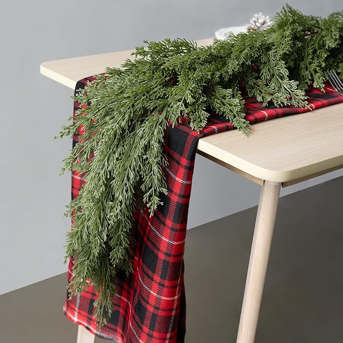 9FT Christmas Garland, Artificial Pine Needle Cypress Garlands, Realistic Pine Cypress for Decoration Christmas Table Mantle Wall Room Outdoor Indoor Holiday Winter Decor