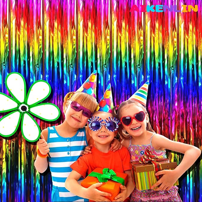 4 Pack Colorful Foil Fringe Curtain Backdrop, 3.2Ft x 9.8Ft Metallic Tinsel Foil Fringe Streamers Curtains for Party, Photo Booth Prop, Birthday, Wedding, Christmas Party Decoration Supplies