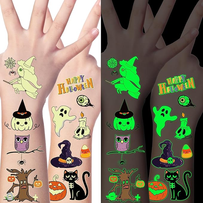 145 Styles Halloween Tattoos for Kids, 12PCS Halloween Luminous Tattoos, Glow in Dark Ghosts Pumpkin Fake Temporary Tattoos Stickers Bulk for Halloween Party Favors Accessories Supplies