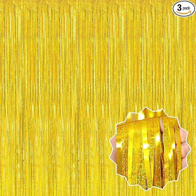 3 Pack Gold Foil Fringe Curtains Backdrop, 3.28 x 8.2 Ft Metallic Streamers Tinsel Curtains Background for Photo Booth, Birthday, Christmas, Halloween, Thanksgiving, New Year Party Decorations