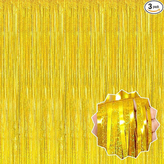3 Pack Gold Foil Fringe Curtains Backdrop, 3.28 x 8.2 Ft Metallic Streamers Tinsel Curtains Background for Photo Booth, Birthday, Christmas, Halloween, Thanksgiving, New Year Party Decorations