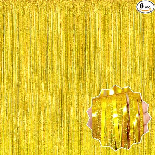 6 Pack Gold Foil Fringe Curtains Backdrop, 3.28 x 8.2 Ft Metallic Streamers Tinsel Curtains Background for Photo Booth, Birthday, Christmas, Halloween, Thanksgiving, New Year Party Decorations