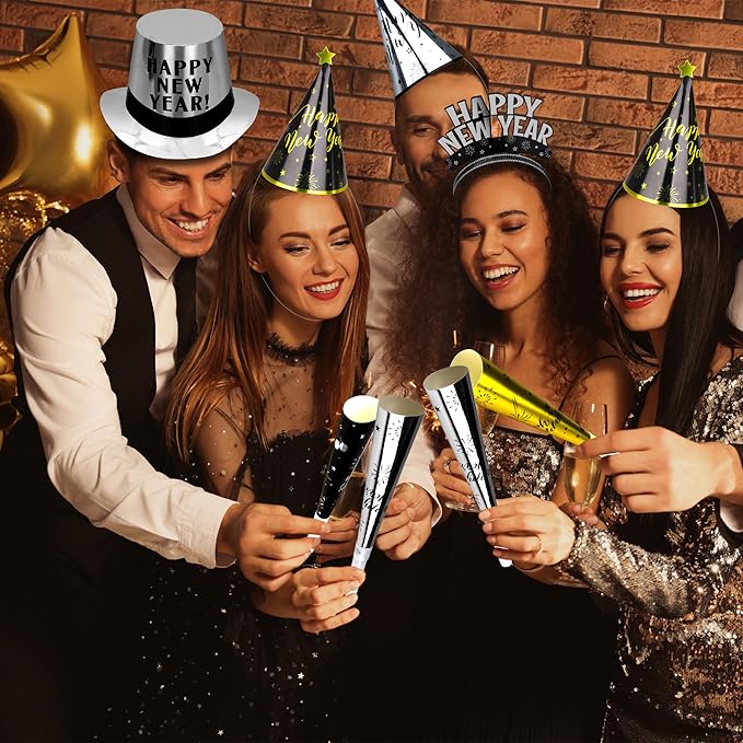 40PCS New Years Party Supplies 20 Guests, New Years Party Favors Gold Black, New Years Accessories Cardboard Plastic, Tiaras Top Hat Fringed NYE Noise Makers Star Cone Hat Horns for New Years Party