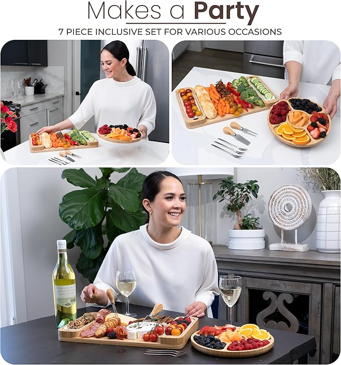 Charcuterie Board Gift Set - Bamboo Cheese Board & Serving Tray for Meat, Cheese, Crackers, Fruit - Large Wooden Charcuterie Boards for Parties - Wedding, Housewarming, Birthday Gifts for Women