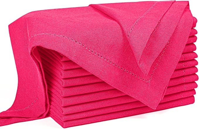 Palisa Cloth Dinner Napkins with Hemstitched Detailing & Mitered Corners Set of 12 (18x18 Inches) Hot Pink - Cotton Reusable Napkins for Easter Basket Decor, Table Linen for Weddings & Everyday Use