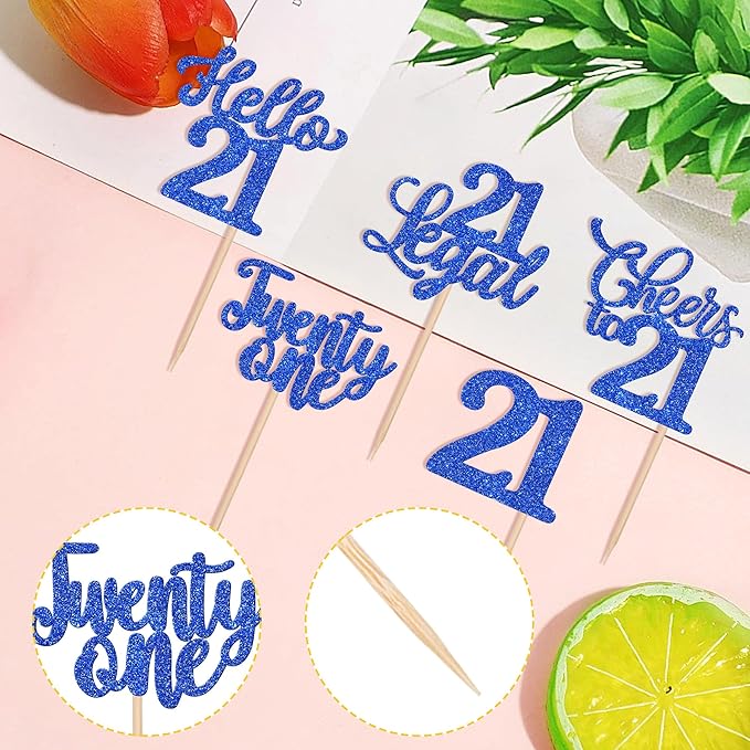 30PCS Happy 21st Birthday Cupcake Toppers Glitter Twenty One Legal 21 Hello 21 Cupcake Picks Cheers to 21 Birthday Decorations for 21st Birthday Anniversary Party Cake Decoration Supplies Blue