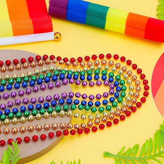 72PCS Pride Beads Stuff, Pride LGBTQ Bead Necklace Accessories Bulk, Metallic 6 Kinds of Rainbow Bead Necklace, Gay Lesbian LGBT Beads Costumes Decorations for Parade Throws Party Favors