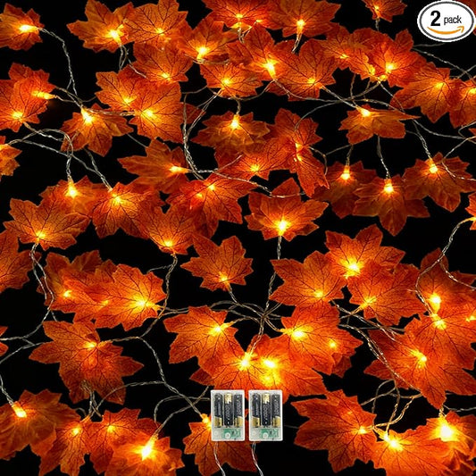 Fall Decorations Leaves Garland with Lights,Home Maple Leaf String Lights Orange-red 2 Pack 40FT 80LED Battery Operated with Timer,for Autumn Harvest Table Fireplace Porch Thanksgiving Indoor Decor