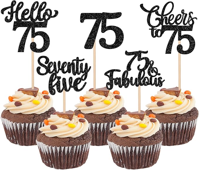 30PCS Happy 75th Birthday Cupcake Toppers Glitter Hello 75 Fabulous Seventy Five Cheers to 75 Years Old Birthday Cupcake Picks for Happy 75th Birthday Anniversary Party Cake Decor Supplies Black