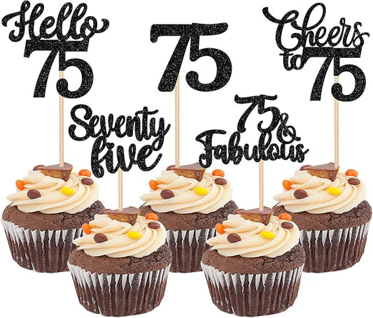 30PCS Happy 75th Birthday Cupcake Toppers Glitter Hello 75 Fabulous Seventy Five Cheers to 75 Years Old Birthday Cupcake Picks for Happy 75th Birthday Anniversary Party Cake Decor Supplies Black
