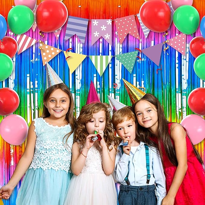 6 Pack Dark Rainbow Foil Fringe Curtains Backdrop, 3.28 x 8.2 Ft Metallic Streamers Tinsel Curtains Background for Photo Booth, Birthday, Christmas, Halloween, Thanksgiving, New Year Party Decorations