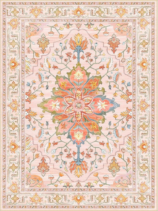 Area Rugs 2'x10' Washable Non-Slip, Floral Vintage Distress Print Pattern Medallion Carpet for Living Room Bedroom Dining Room, Light Pink Colorful