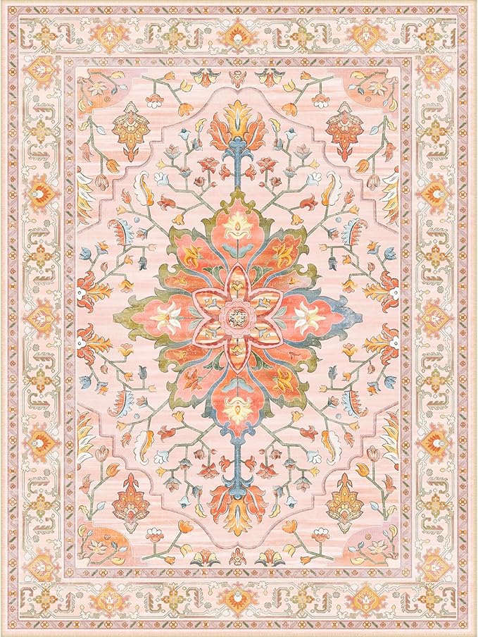 Area Rugs 2'x6' Washable Non-Slip, Floral Vintage Distress Print Pattern Medallion Carpet for Living Room Bedroom Dining Room, Light Pink Colorful