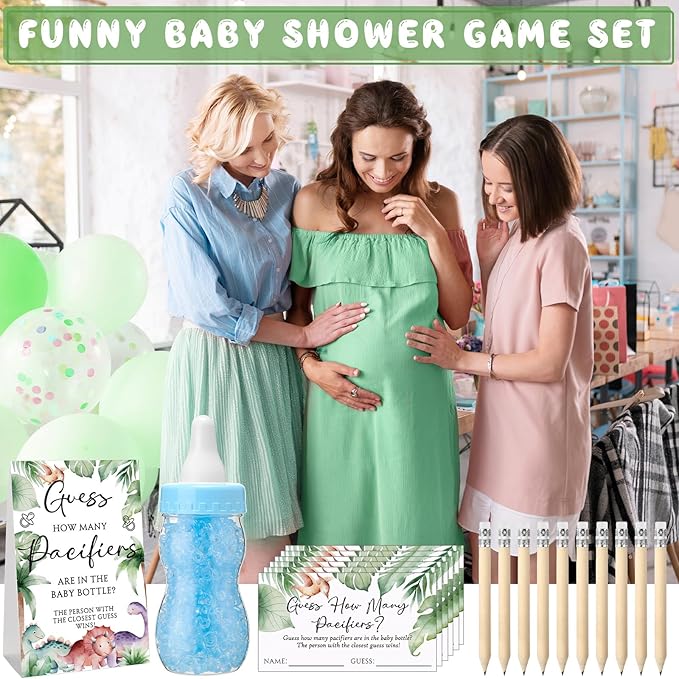 Roowest 512 Pcs Baby Shower Games Guess How Many Pacifiers Sign 100 Small Guessing Games 10 HB Pencils 750ml Milk Bottle 400 Acrylic Pacifiers Decoration for Guest Gender Reveal(Cute,Dinosaur)