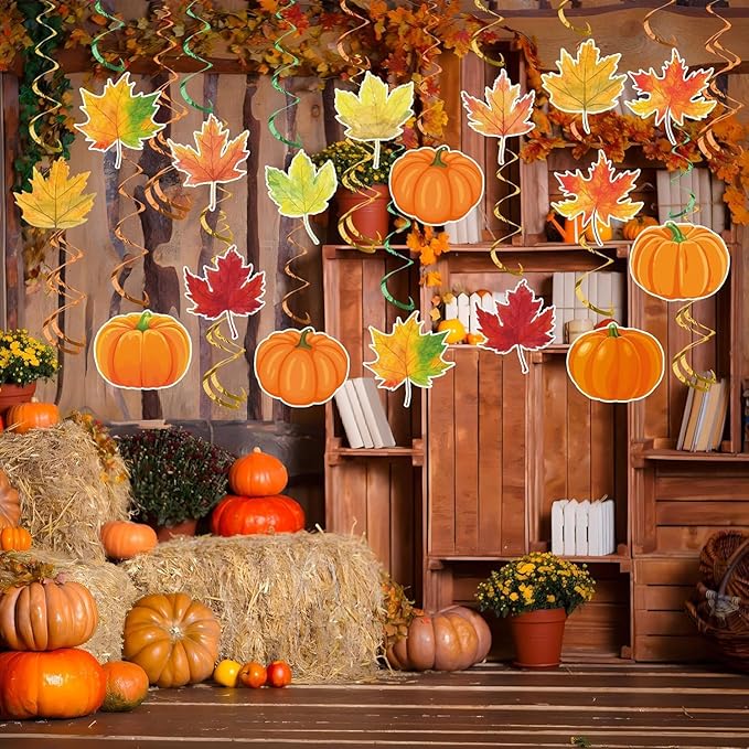 Fall Pumpkin Maple Leaf Hanging Swirls Autumn Swirls Streamers Happy Fall BannerThanksgiving Ceiling Hanging Decorations for Home Harvest Decor