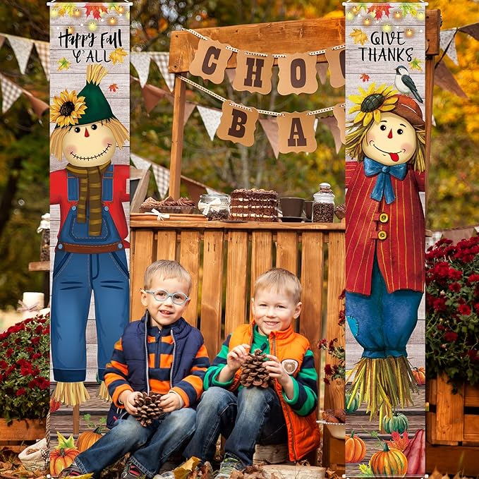Thanksgiving Hanging Banners Happy Fall Y'all Porch Sign Autumn Hanging Door Banner Thanks Porch Banner Thanksgiving Party Decoration for Fall Indoor Outdoor Door Wall Decor
