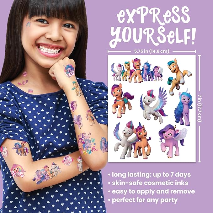 Savvi - 50 My Little Pony Temporary Tattoos: Skin-Safe Ink, Great for Birthday Parties, Gifts for Boys and Girls Ages 4-12+, Made in the USA [6 sheets, 50 count]
