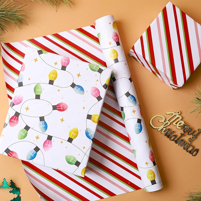 LaRibbons Reversible Vintage Christmas Wrapping Paper Roll, Classic Christmas Light & Stripe Gift Wrap for Holiday, Xmas Party Celebration, 17 Inch × 33 Feet