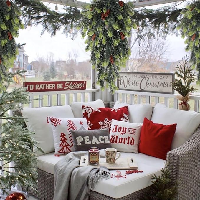 RECUTMS Artificial Christmas Teardrop Artificial Pine Branches with Pine Cones Green Plants Pines Needles Fake Hanging Plants Outdoors DIY Accessories for Christmas Home Garden Decor(Light Green)