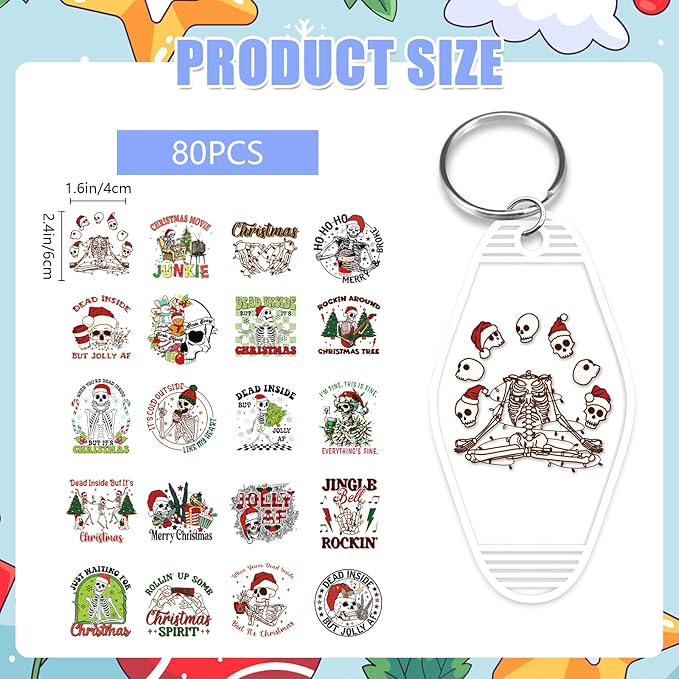 Christmas UV DTF Stickers - 80 Sheets Christmas Skeleton UV DTF Decals for Motel Keychain, Xmas Skull Rub on Transfer Stickers, DIY Hotel Keychain Blank Personalized Crafts