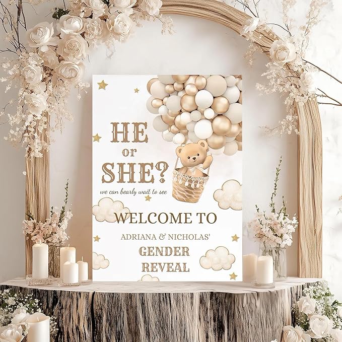 Gender Reveal Welcome Sign – Teddy Bear Balloon Theme,Personalized Teddy Bear Gender Reveal Welcome Sign, He or She Yard Sign, Boy or Girl Gender Reveal Sign, We Can Bearly Wait Gender Reveal .14
