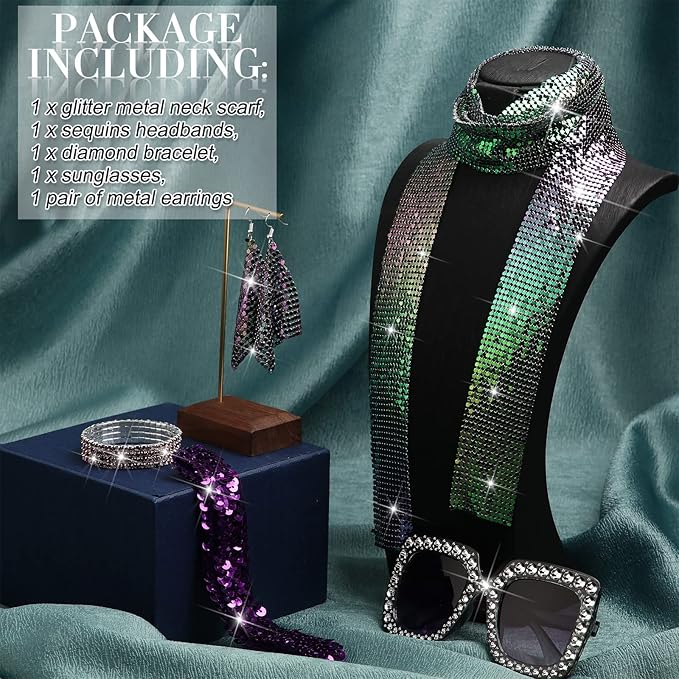 Sasylvia 5 Pcs 70s Disco Accessories Halloween Women Costume Jewelry Sequin Scarf Earrings Sunglasses Bracelet Headband