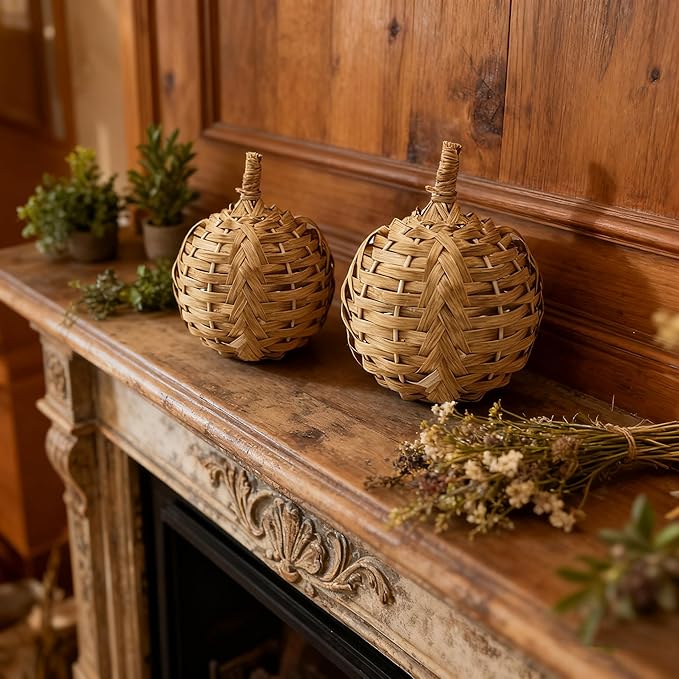 2Pcs of 5 Inch Bamboo-Woven Autumn Harvest Big Pumpkin Decor is Suitable for Thanksgiving & Halloween Fall Decorations. These Pumpkins are Perfect as Decorative Pumpkins for Table Decor
