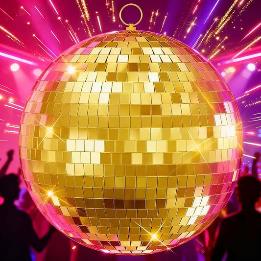 12 inch Gold Disco Ball, Hanging Mirror Disco Ball, Wedding Decoration Disco Light Ball, Stage Lighting Effect, 12/16/20 inch Home、Stage and Bar Glittering Decoration(12inch-Golden)