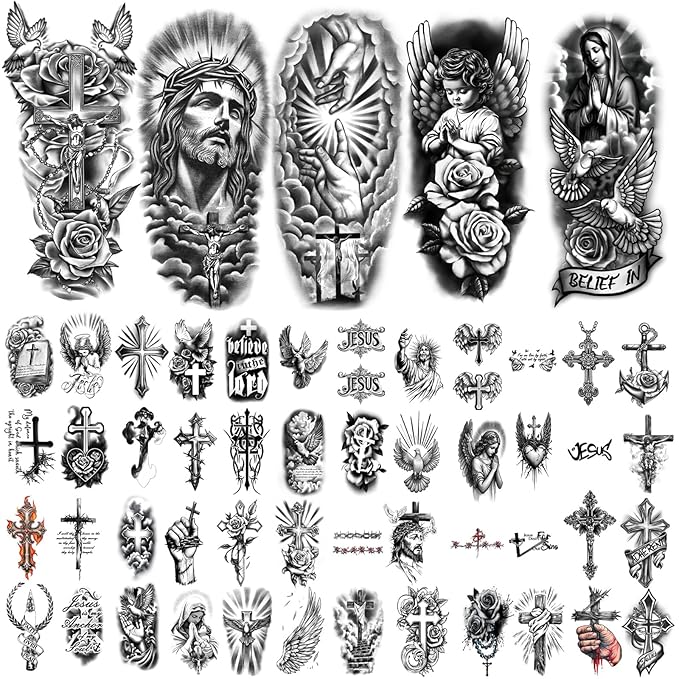 77 Sheets Christian Cross Temporary Tattoo for Women Men, 17 Sheets Half Arm Large Religious Jesus God Fake Tattoos, 60 Sheets Angels Black Christ Tiny for Adult Kids Body Tattoos Stickers Realistic