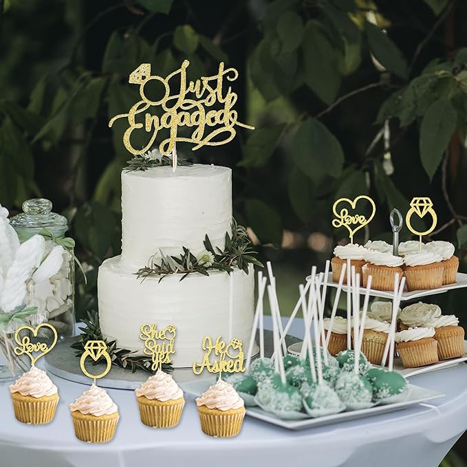 Vlipoeasn Champagne Gold Engagement Party Decorations, Just Engaged Supplies for Couple Includes 12" Gold & White Latex Balloons, Diamond Ring Foil Balloon, Cake Toppers, Paper Pompom