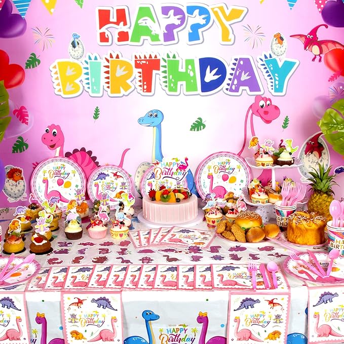 194 PCS Pink Dinosaur Party Decorations for Girls, Dinosaur Birthday Party Supplies Includes Dino Balloons, Backdrop, Happy Birthday Banner, Tablecloth, Plates, Napkins, Cake Toppers