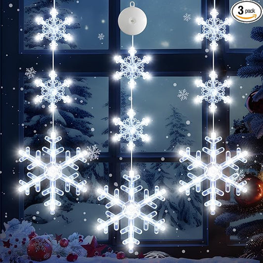 3Pack Christmas Window Lights Decorations with Timer, Battery Powered Christmas Hanging White Lighted Snowflake Shaped LED Sucker String for Xmas Tree Fireplace Indoor Decor