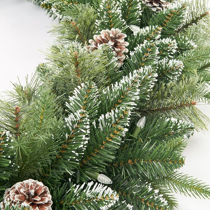 9Ft Pre-Lit Christmas Garland, Plug in, Green, 50 White Lights, Fireplace Stairs Mantle Door Indoor Outdoor, Decorated Pine Cone and Snow Style