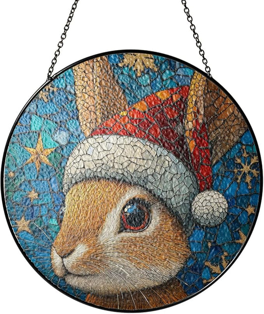 Desert Cottontail Rabbit Stained Glass Window Hanging Decor - Desert Cottontail Rabbit Christmas Decor - Wall Decor for Indoor Outdoor - Xmas Gift for Home Decor
