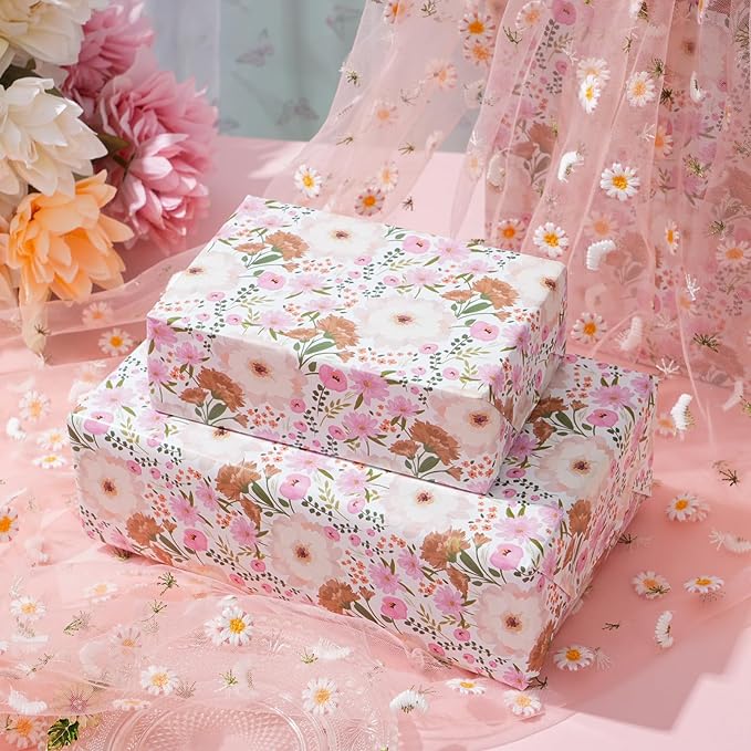 ZINTBIAL White and Pink Floral Wrapping Paper Roll for Wedding, Bridal Shower, Birthday - Peonies and Daisies Design, 17x16.5 Feet with Cut Lines, Gift Wrap for Mother's Day