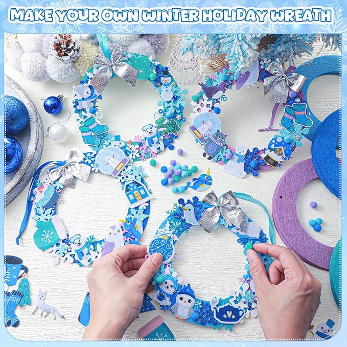 Moucuny 620/600 Pcs Winter Wreath Craft Kits DIY Snowman Christmas Wreath Crafts Kits Xmas Winter Home Decorations for Party Favors(Polar,Purple, Cyan, Light Blue, Dark Blue)