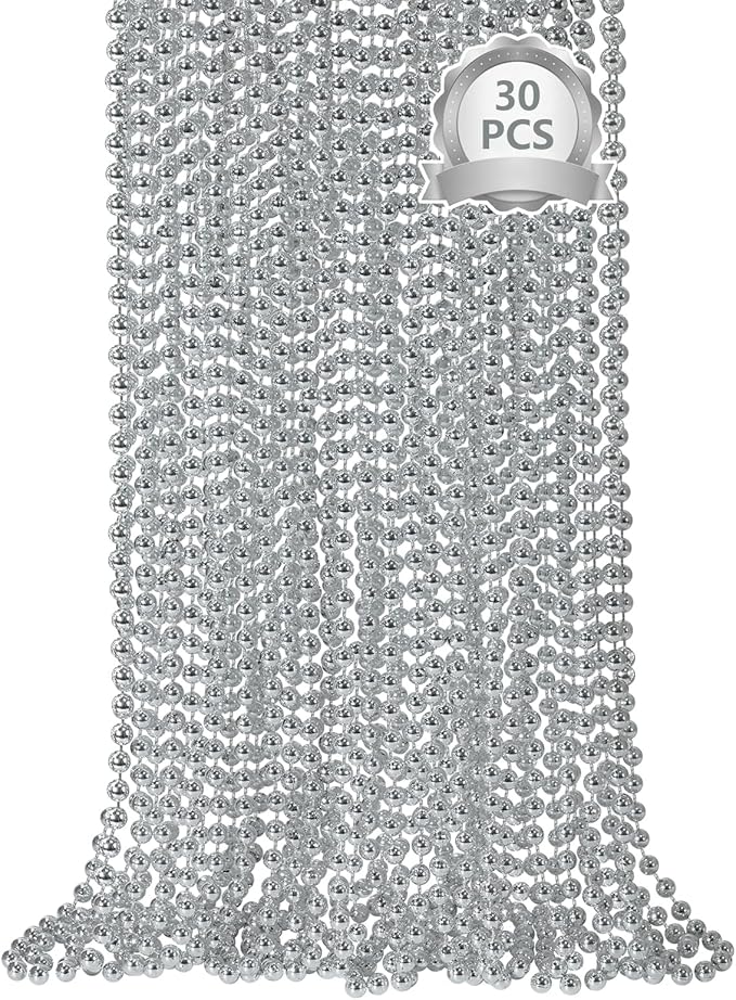 SHAOQINLIN 30 PCS Silver Mardi Gras Beads, 33" Silver Christmas Necklace, Metallic Patriotic Beads Necklaces, Parade Throws Accessories for Christmas Independence Day New Year Party Favors