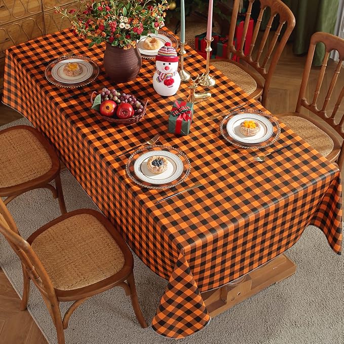Checkered Vinyl Thanksgiving Tablecloth Rectangle 60x84 Inch with Flannel Backing Stain & Waterproof Plaid Table Cloths, Heavy Duty Plastic Table Cover for Fall Halloween, Harvest, Orange and Black