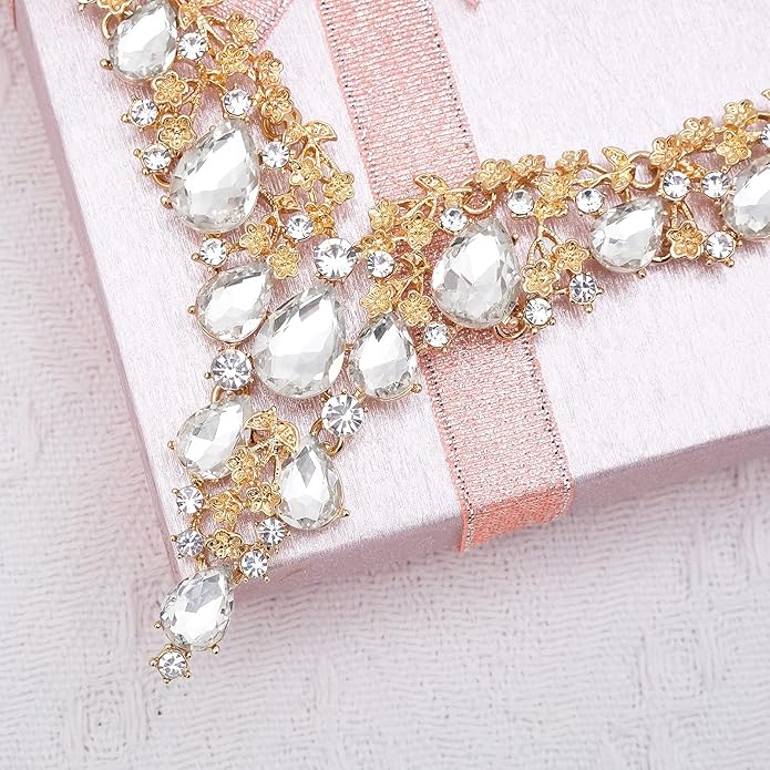 CSY Elegant Crystal Costume Jewelry Sets Flower Bridal Necklace Earrings Stretch Bangle Set for Bride Bridesmaid Wedding Dress Accessories