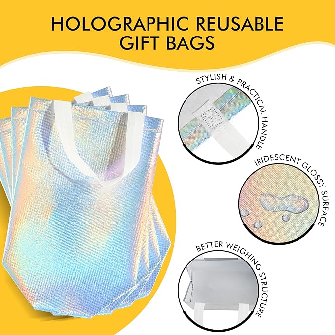 RACETOP 15 Pcs Iridescent Glossy Gift Bags Medium Size, 8x4x10 Inch Holographic Reusable Gift Bags with Handles & Sturdy Base, Ideal for Birthday, Wedding, Bachelorette, Party Favors, Holiday Goodie