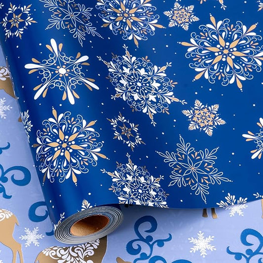 MAYPLUSS Christmas Wrapping Paper Roll - 17 Inch X 33 Feet - Navy Blue Christmas Snowflake Reversible Gold Reindeer Gift Wrapping Paper, Thick Wrap Paper for Holiday Party New Year Kids